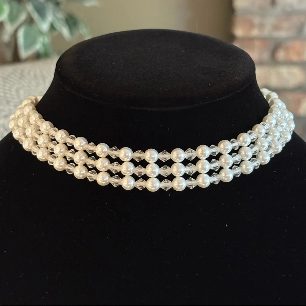 Faux Pearl and Crystal Beaded Layered Choker Necklace 16” Preowned - Picture 1 of 2